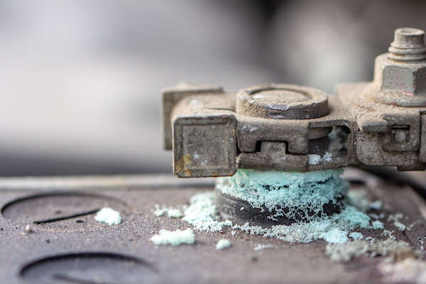 Close-up of a car battery with visible corrosion | Hagin's Auto in Martinez, CA